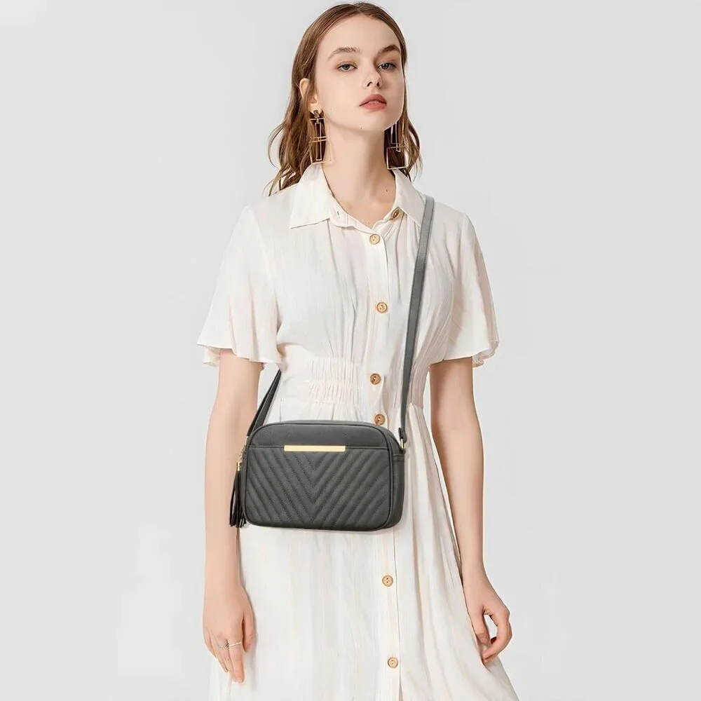 Quilted Vegan Leather Crossbody Bag Women Stylish Shoulder Purse with Tassel
